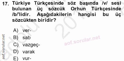 17. soru: Türkiye Türkçesinde söz başında /v/ sesi bulunan üç sözcük Orhun Türkçesinde Ib/'lidir. Aşağıdakilerin hangisi bu üç…