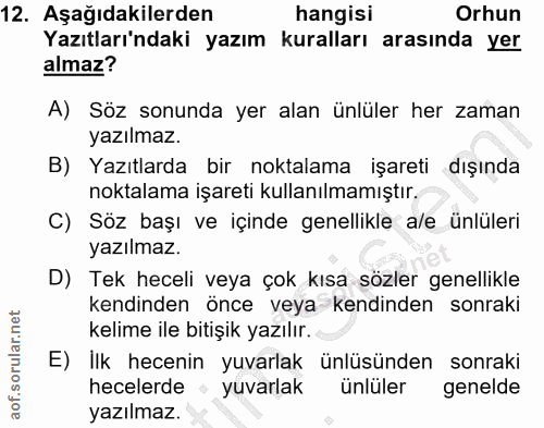 12. soru: Aşağıdakilerden hangisi Orhun Yazıtları'ndaki yazım kuralları arasında yer almaz? A) Söz sonunda yer alan ünlüler her…