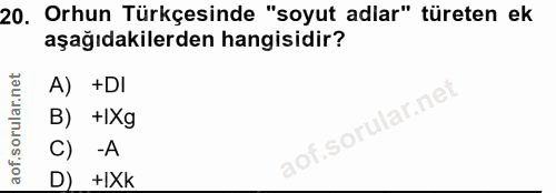 20. soru: Orhun Türkçesinde "soyut adlar" türeten ek aşağıdakilerden hangisidir? A) +DI B) +IXg C) -A D) +IXk