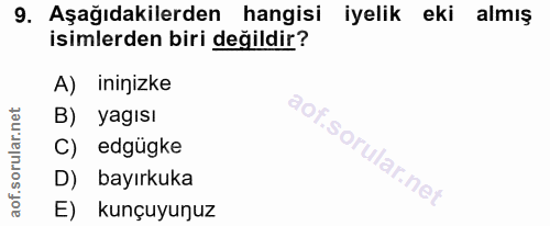 9. soru: Aşağıdakilerden hangisi iyelik eki almış isimlerden biri değildir? A) ininizke B) yagısı C) edgügke D) bayırkuka E) k…