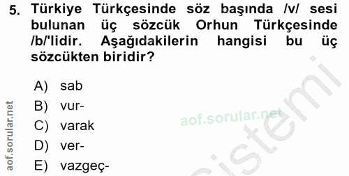5. soru: Türkiye Türkçesinde söz başında /v/ sesi bulunan üç sözcük Orhun Türkçesinde Ib/'lidir. Aşağıdakilerin hangisi bu üç…