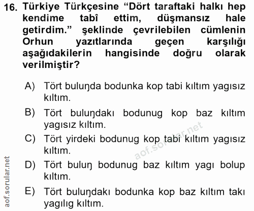 16. soru: Türkiye Türkçesine "Dört taraftaki halkı hep kendime tabi ettim, düşmansız hale getirdim." şeklinde çevrilebilen cüml…