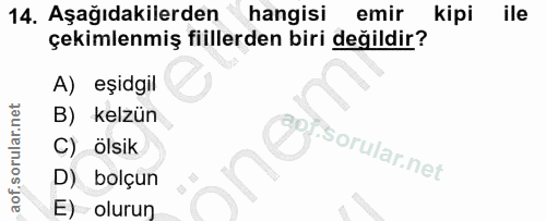 14. soru: Aşağıdakilerden hangisi emir kipi ile çekimlenmiş fiillerden biri değildir? A) eşidgil B) kelzün gor C) ölsik D) bolç…