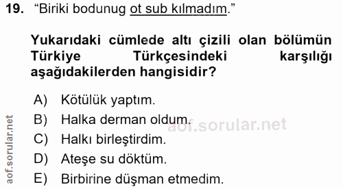 19. soru: "Biriki bodunug ot sub kılmadım." Yukarıdaki cümlede altı çizili olan bölümün Türkiye Türkçesindeki karşılığı aşağıda…