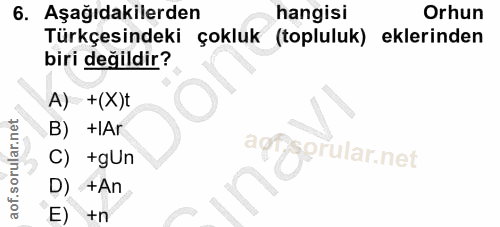 6. soru: Aşağıdakilerden hangisi Orhun Türkçesindeki çokluk (topluluk) eklerinden biri değildir? A) +(X)t B) +Ar agtgerular.ne…