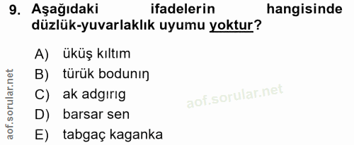 9. soru: AşağıdakiR ifadelerin hangisinde düzlük-yuvarlaklık uyumu yoktur? A) üküş kıltım B) türük bodunın C) ak adgırıg D) ba…