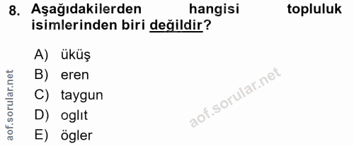 8. soru: Aşağıdakilerden hangisi topluluk isimlerinden biri değildir? A) üküş orular.net B) eren C) taygun i D) oglit aof. E)…