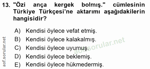 13. soru: "Ozi ança kergek bolmış." cümlesinin Türkiye Türkçesi'ne aktarımı aşağıdakilerin hangisidir? A) Kendisi öylece vefat…