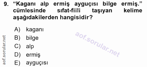 9. soru: "Kaganı alp ermiş ayguçısı bilge ermiş." cümlesinde sıfat-fiili taşıyan kelime aşağıdakilerden hangisidir? A) kaganı…