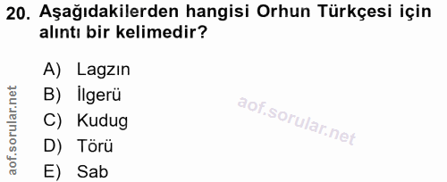 20. soru: Aşağıdakilerden hangisi Orhun Türkçesi için alıntı bir kelimedir? A) Lagzın B) İlgerü C) Kudug D) Toru E) Sab