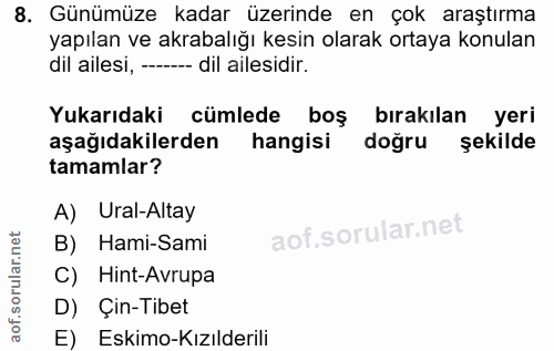 8. soru: Günümüze kadar üzerinde en çok araştırma yapılan ve akrabalığı kesin olarak ortaya konulan dil ailesi, --- dil ailesi…