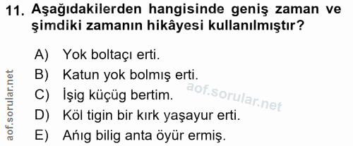 11. soru: Aşağıdakilerden hangisinde geniş zaman ve şimdiki zamanın hikâyesi kullanılmıştır? A) Yok boltaçı erti. B) Katun yok…