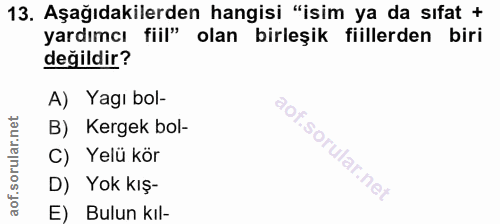 13. soru: Aşağıdakilerden hangisi "isim ya da sıfat + yardımcı fiil" olan birleşik fiillerden biri değildir? A) Yagı bol- B) Ke…