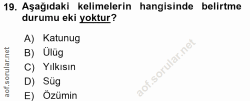 19. soru: Aşağıdaki kelimelerin hangisinde belirtme durumu eki yoktur? A) Katunug B) Ülüg C) Yilkısın D) Süg E) Özümin