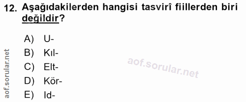 12. soru: Aşağıdakilerden hangisi tasviri fiillerden biri değildir? A) U- rular.net B) KIl- C) Elt- D) Kör- aof. E) Id-
