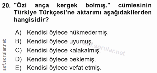 20. soru: "Özi ança kergek bolmış." cümlesinin Türkiye Türkçesi'ne aktarımı aşağıdakilerden hangisidir? A) Kendisi öylece hükme…