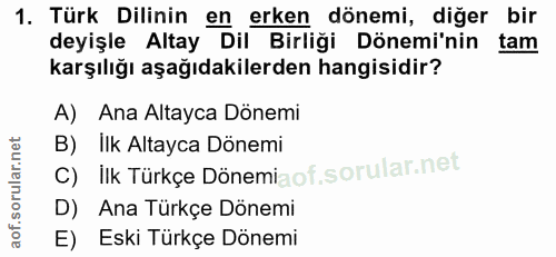 1. soru: Türk Dilinin en erken dönemi, diğer bir deyişle Altay Dil Birliği Dönemi'nin tam karşılığı aşağıdakilerden hangisidir…