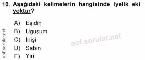 10. soru: Aşağıdaki kelimelerin hangisinde iyelik eki yoktur? A) Eşidin B) Uguşum C) İnişi D) Sabın E) Yiri