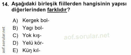14. soru: Aşağıdaki birleşik fiillerden hangisinin yapısı diğerlerinden farklıdır? A) Kergek bol- rular.net B) Yagı bol- C) Yok…