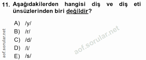 11. soru: Aşağıdakilerden hangisi diş ve diş eti ünsüzlerinden biri değildir? A) /y/ B) /r/ C) /d/ D) N E) /s/