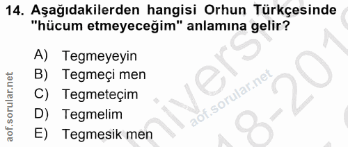 14. soru: Aşağıdakilerden hangisi Orhun Türkçesinde "hücum etmeyeceğim" anlamına gelir? A) Tegmeyeyin B) Tegmeçi men Tegmeteçim…