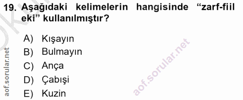 19. soru: Aşağıdaki kelimelerin hangisinde "zarf-fiil eki" kullanılmıştır? A) Kışayın B) Bulmayın C) Ança D) Çabışi E) Kuzin