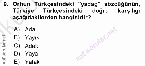 9. soru: Orhun Türkçesindeki "yadag" sözcüğünün, Türkiye Türkçesindeki doğru karşılığı aşağıdakilerden hangisidir? A) Ada B) Y…
