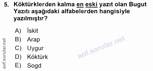 5. soru: Köktürklerden kalma en eski yazıt olan Bugut Yazıtı aşağıdaki alfabelerden hangisiyle yazılmıştır? A) İskit B) Arap C…