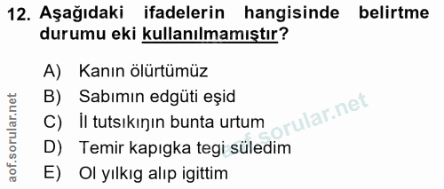 12. soru: Aşağıdaki ifadelerin hangisinde belirtme durumu eki kullanılmamıştır? A) Kanın ölürtümüz B) Sabımın edgüti eșid orula…