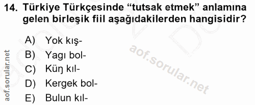 14. soru: Türkiye Türkçesinde "tutsak etmek" anlamına gelen birleşik fiil aşağıdakilerden hangisidir? A) Yok kış- B) Yagı bol-…