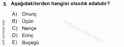 5. soru: Aşağıdakilerden hangisi olasılık edatıdır? A) Onunç B) Uçün C) Nençe D) Erinç E) Buçegü