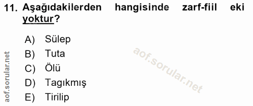 11. soru: Aşağıdakilerden hangisinde zarf-fiil eki yoktur? A) Sülep B) Tuta C) Ölü D) Tagıkmış E) Tirilip