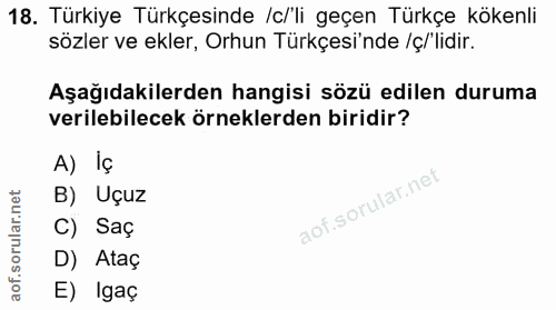 18. soru: Türkiye Türkçesinde /c/'li geçen Türkçe kökenli sözler ve ekler, Orhun Türkçesi'nde /ç/'lidir. Aşağıdakilerden hangis…