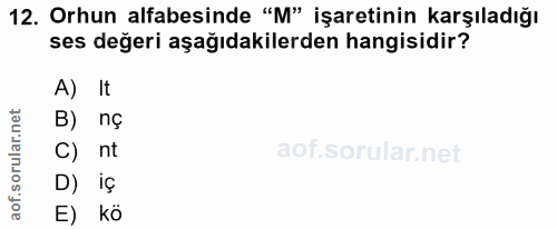 12. soru: Orhun alfabesinde "M" işaretinin karşıladığı ses değeri aşağıdakilerden hangisidir? A) It B) ng C) nt D) iç E) kö