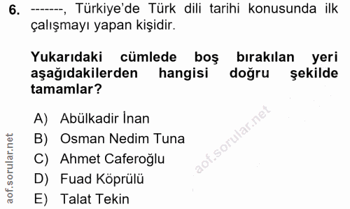6. soru: --, Türkiye'de Türk dili tarihi konusunda ilk çalışmayı yapan kişidir. Yukarıdaki cümlede boş bırakılan yeri aşağıdak…