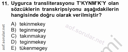 11. soru: Uygurca transliterasyonu T'KYNM'K'Y olan sözcüklerin transkripsiyonu aşağıdakilerin hangisinde doğru olarak verilmişt…