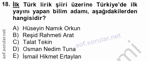 18. soru: İlk Türk lirik şiiri üzerine Türkiye'de ilk yayını yapan bilim adamı, aşağıdakilerden hangisidir? A) Hüseyin Namık Or…
