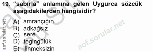 19. soru: "sabırla" anlamına gelen Uygurca sözcük aşağıdakilerden hangisidir? amrançigin B) adkağsız C) sere D) tegingülük E) i…