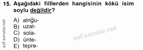 15. soru: Aşağıdaki fillerden hangisinin kökü isim soylu değildir? A) alngu- B) uzat- C) sola- D) ünte- E) tepre-
