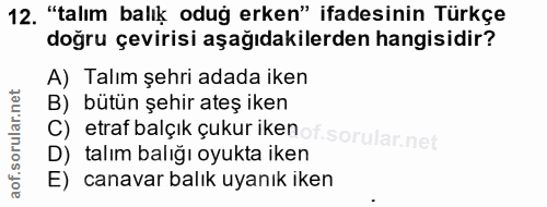 12. soru: "talım balık odug erken" ifadesinin Türkçe doğru çevirisi aşağıdakilerden hangisidir? A) Talım şehri adada iken B) bü…