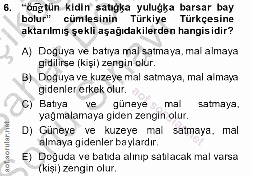 6. soru: "öng tün kidin satıgka yuluğka barsar bay bolur" cümlesinin Türkiye Türkçesine aktarılmış şekli aşağıdakilerden hangi…