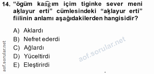 14. soru: "ögüm kangım içim tiginke sever meni aklayur erti" cümlesindeki "aklayur erti" fiilinin anlamı aşağıdakilerden hangis…