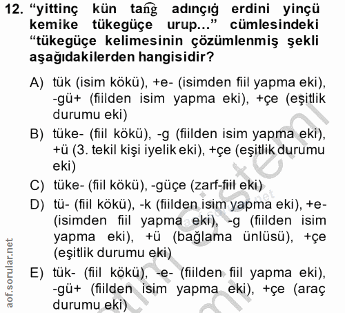 12. soru: "yittinç kün tang adınçığ erdini yinçü kemike tükegüçe urup..." cümlesindeki "tükegüçe kelimesinin çözümlenmiş şekli…