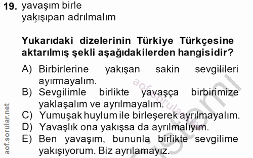 19. soru: yavaşım birle yakışıpan adılmalım Yukarıdaki dizelerinin Türkiye Türkçesine aktarılmış şekli aşağıdakilerden hangisid…
