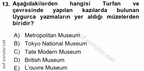 13. soru: Aşağıdakilerden hangisi Turfan ve çevresinde yapılan kazılarda bulunan Uygurca yazmaların yer aldığı müzelerden birid…