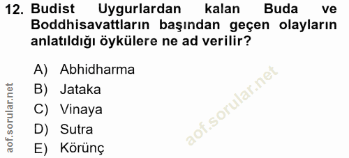 12. soru: Budist Uygulardan kalan Buda ve Boddhisavattların başından geçen olayların anlatıldığı öykülere ne ad verilir? A) Abh…