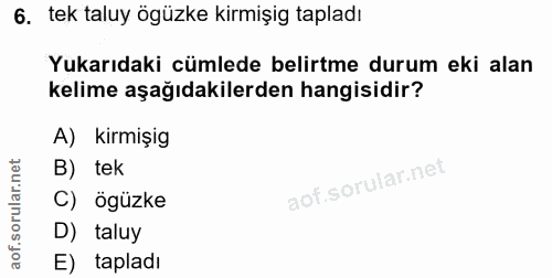 6. soru: tek taluy ögüzke kirmişig tapladı Yukarıdaki cümlede belirtme durum eki alan kelime aşağıdakilerden hangisidir? A) ki…