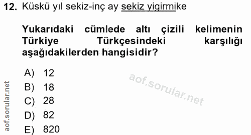 12. soru: Küskü yıl sekiz-inç ay sekiz vigirmike Yukarıdaki cümlede altı çizili kelimenin Türkiye Türkçesindeki karşılığı aşağı…