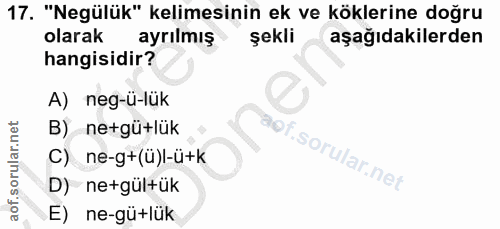 17. soru: "Negülük" kelimesinin ek ve köklerine doğru olarak ayrılmış şekli aşağıdakilerden hangisidir? A) neg-ü-lük B) ne+gü+l…
