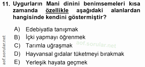 11. soru: Uyguların Mani dinini benimsemeleri kısa zamanda özellikle aşağıdaki alanlardan hangisinde kendini göstermiştir? A) E…